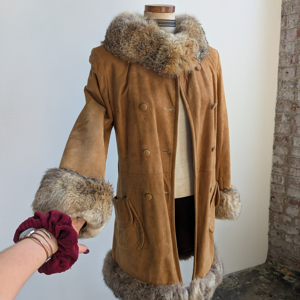 Vintage Brown Suede Fur Trim Penny Lane Jacket Furry Leather Trench Coat Medium